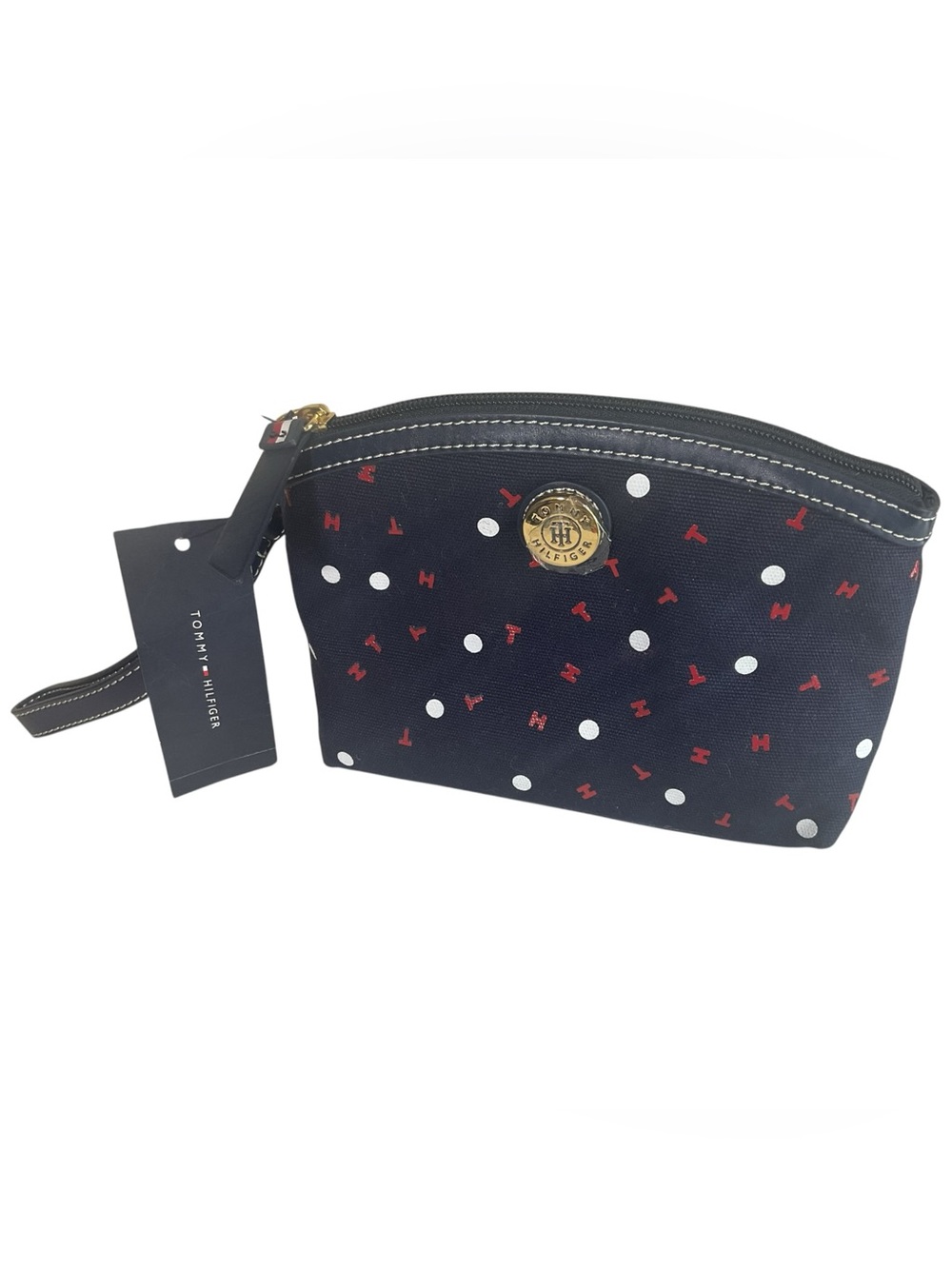 NWT Tommy Hilfiger Navy Cosmetic Bag Wristlet Polka Dot Logo Print Zip Pouch